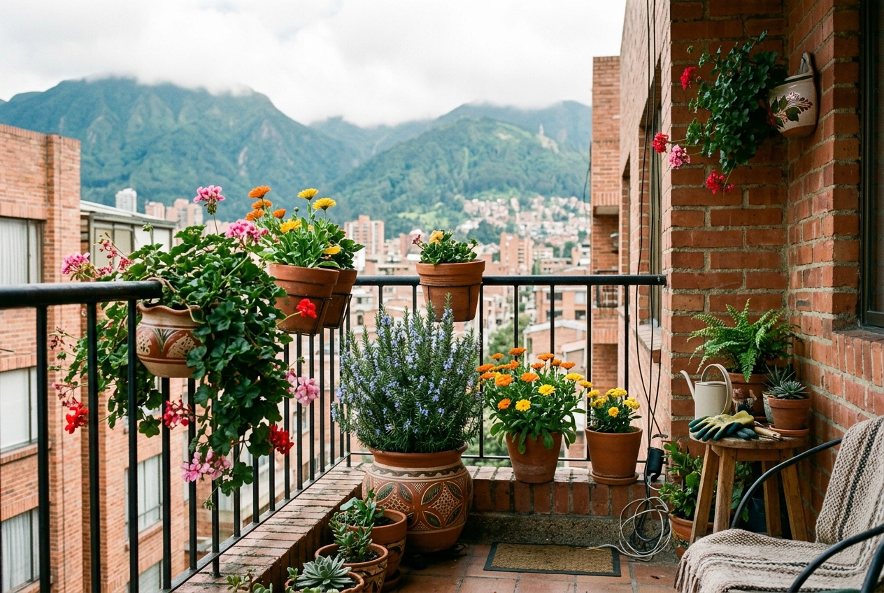 Balcón de apartamento con materas de barro cocido y plantas aromáticas en Bogotá
