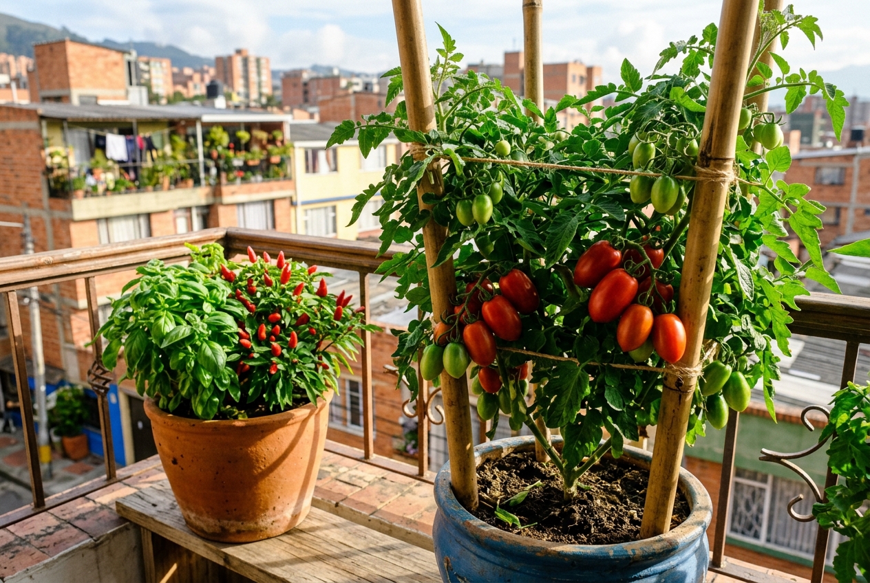 Cultivo casero de tomate chonto y ramas de albahaca en macetas en balcón