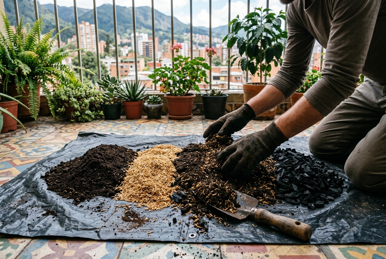 Preparación manual de sustrato con tierra negra cribada y cascarilla de arroz tostada